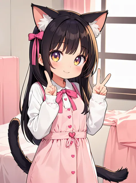 1 girl,cat girl,animal ears,tail,looking at the viewer,smile,peace sign,Cute room in pink,heart item,ribbon,Are standing,Upper body,