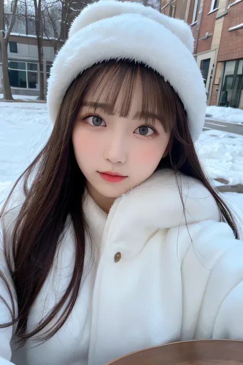 table top, highest quality, shape, Super detailed, finely, High resolution, 8k wallpaper, 完璧なダイナミックな構shape, beautiful and detailed eyes, Fluffy winter clothes with fur,medium hair,small breasts natural color lip、20 year old girl、cute、looking at camera,Slim...