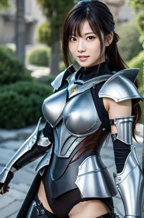 Highest resolution, 4K, Masterpiece: 1.3), A Japanese milf, photo of one lady, Sexy, fine eyes, Slender figure, Realistic teeth, double eyelids, full body, best quality, detailed, equipped with armor, at the fantasy world, background is parallel world