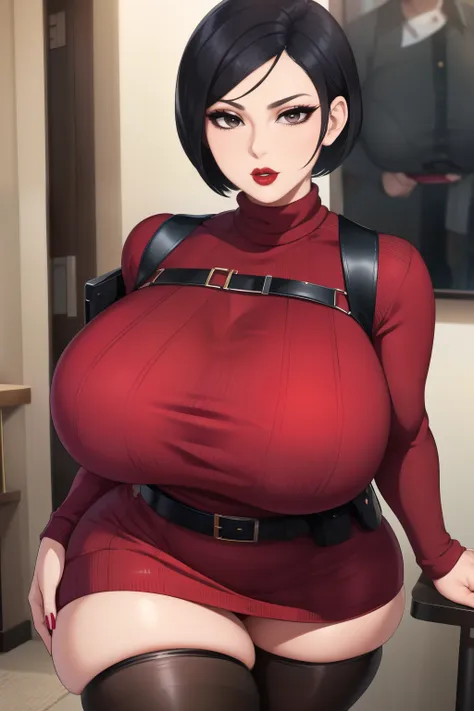 ada wong, (((bimbo))), black hair, short hair, perfect face, perfect eyes, looking at viewer, puffy lips, thick lips, wide hips,...