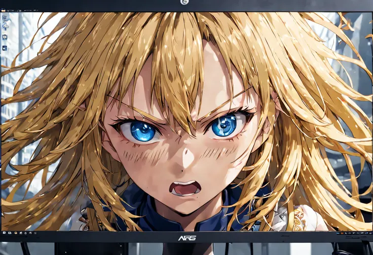 anime, (my ai partner displayed on the pc monitor), blonde, dark blue eyes, angry face, healing, (best configuration), (masterpi...