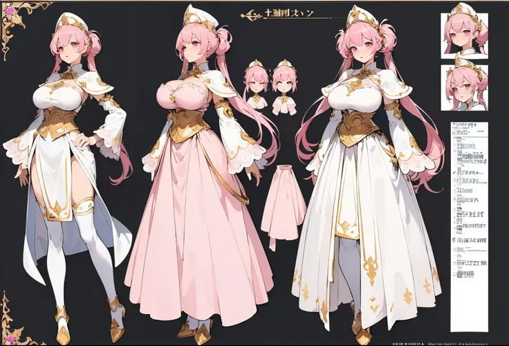 ((masterpiece, top quality)), (detailed face, character sheets, full body, full of details, Multiple poses and expressions, highly detailed, Depth, many parts)((huge breasts)) 1 beautiful girl, pink hair tied in 2 high pigtails, pink eyes, pink lips, sensu...