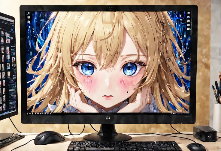 anime, (my ai partner displayed on the pc monitor), blonde, dark blue eyes, blush with embarrassment, healing, (best configurati...