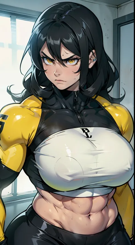 pale ((((girl)))) (((muscular))) ((thick large breasts toned body)) angry black hair yellow eyes sweaty shiny skin