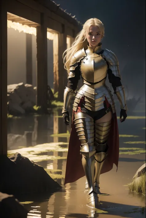 best quality, masterpiece,  (realistic:1.2), 1 girl, solo, standing, (full body shot:1.5),(front face:1.5), Blonde hair, brown eyes,Front, detailed face, beautiful eyes,hair blowing in the wind, (wear knight armor:1.2),She wears armor, Full coverage armor,...