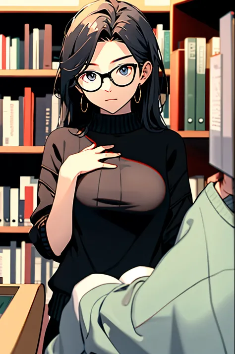 (masterpiece),(best quality), glasses, chakumomi, pov hand, breast grab, (embarrassed),sweater, in library,