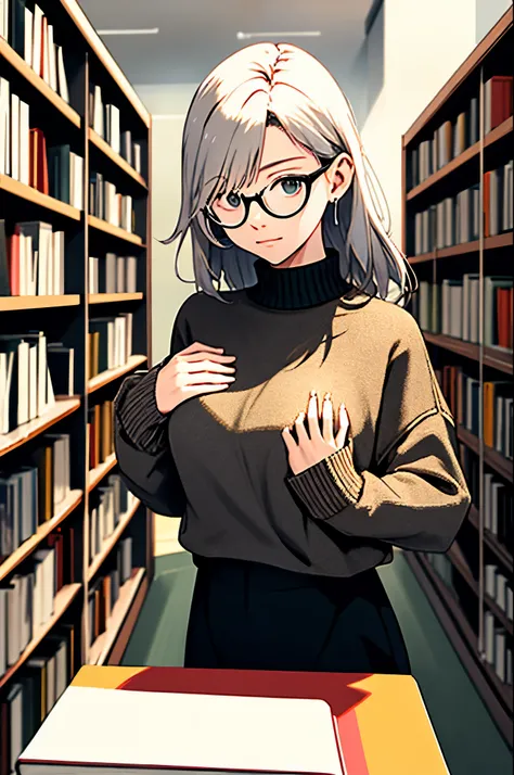 (masterpiece),(best quality), glasses, chakumomi, pov hand, breast grab, (embarrassed),sweater, in library,