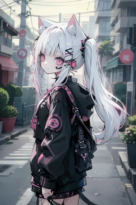 Beautiful woman pink twin tail long hair、cyberpunk style short clothes、Putting on cat ears、gazing at viewer、front facing、A slight smil、sea side、Palm trees
