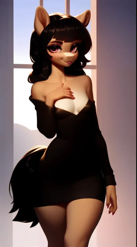 (score_9), (source_ derpibooru_p_95), (earth pony), ((anthro oc pony :1.1)), (shoulderless dress), a beautiful sexy old woman in a hotel room, solo, realistic long black hair, bangs, anatomically correct, very flat chest, curvy figure, high res, pink botto...