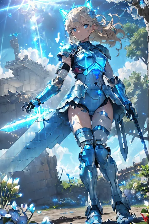 (Blue sky with lots of scaly clouds),(Armored suit that reflects light and shines in rainbow colors:1.3),(Gigant Arm:1.35),(A brace that stores a rugged weapon in the leg.:1.4),(Composition that reflects the whole body:1.5),(Petals dancing like the wind bl...