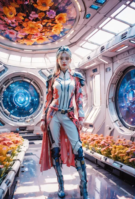 Full-length portrait of a 24-year-old female starship captain，In a futuristic sci-fi scenario，Highlighting her full body image and starship interior。she stands confidently，Captain dressed in futuristic sci-fi style，It is both fashionable and marks her clas...