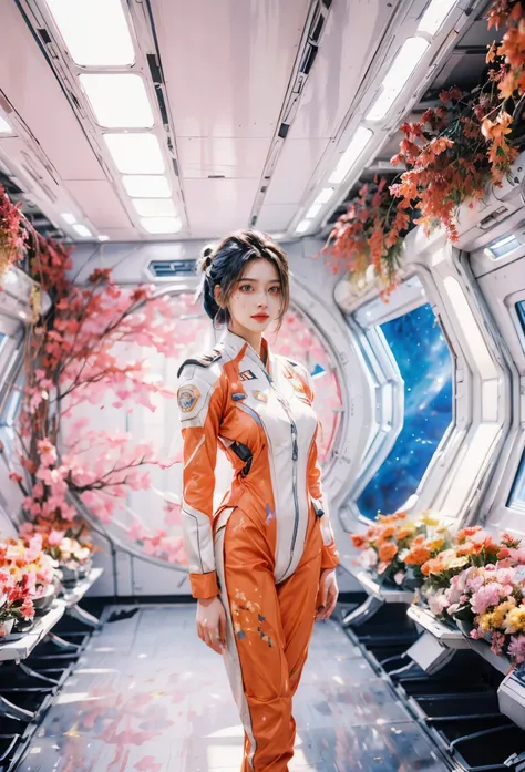 Full-length portrait of a 24-year-old female starship captain，In a futuristic sci-fi scenario，Highlighting her full body image and starship interior。she stands confidently，Captain dressed in futuristic sci-fi style，It is both fashionable and marks her clas...