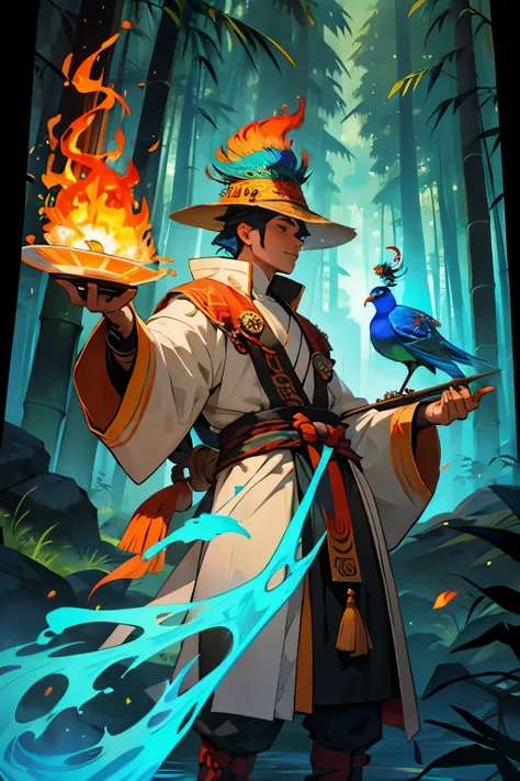 a drawing of a male shaman with a fire elemental aura, wearing a bamboo hat, with a fire peacock as a pet