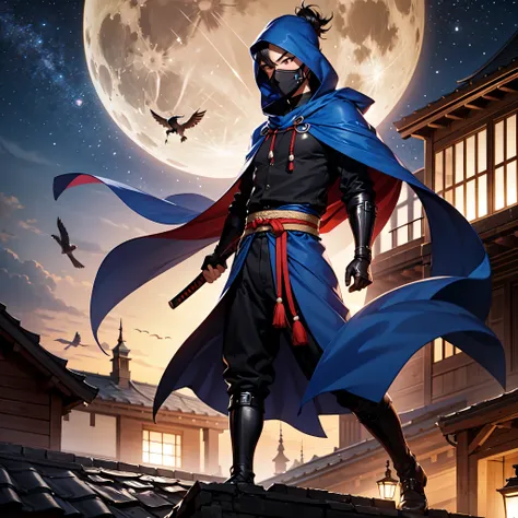 A full body portrait of a masked ninja with a blue cloak, katana in hand, the katana has a small guard, slicing a creature, on a rooftop, night, single full moon in the background