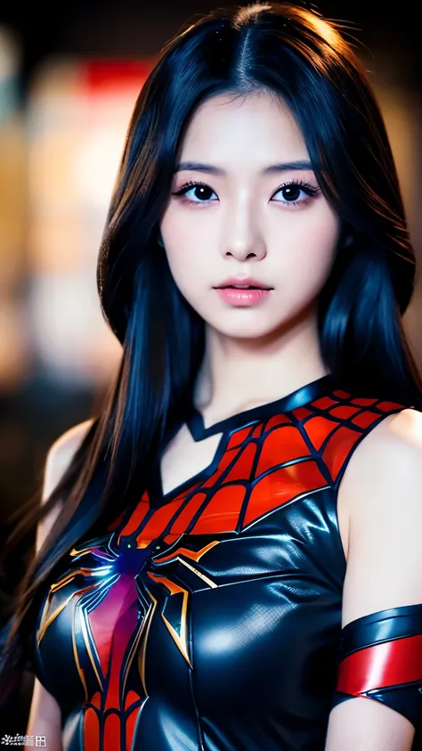 Japanese girl, 20 years old, dark makeup, detailed face, long hair, black hair, beauty eyes, realistic, full body, sexy pose, wearing spiderman costume(marvel characters), 8K, cinematic