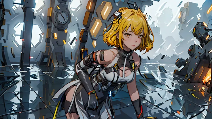 The alone young girl , short yellow hair , red eyes , white chest binder , combat suit, black skirt , high knee sock , black crown , lie down , shotgun , sci-fi city , Spark effect , Lightning Efect , Thunderbolt , High detail mature face, high res, ultra ...