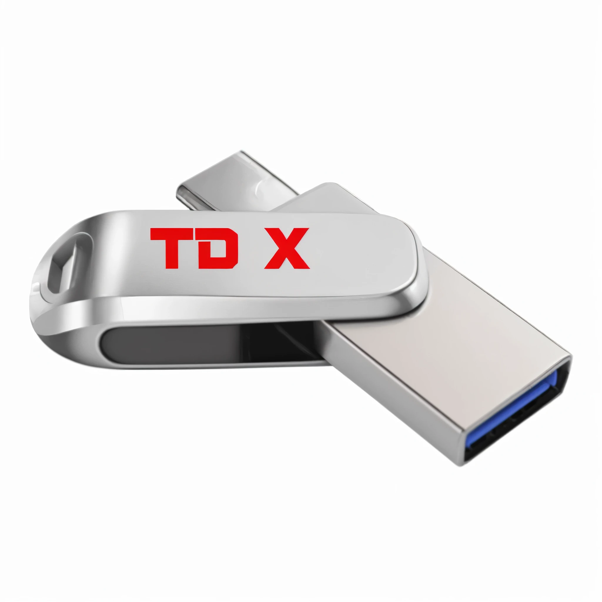 Gere imagens realistas de um pendrive de 2TB com entrada tipo C, USB 3.1, that works as a memory extender for cell phones. Utilize um fundo atraente que destaque o produto. Adicione as iniciais "TD X" in red color on the pendrive itself. The final image mu...