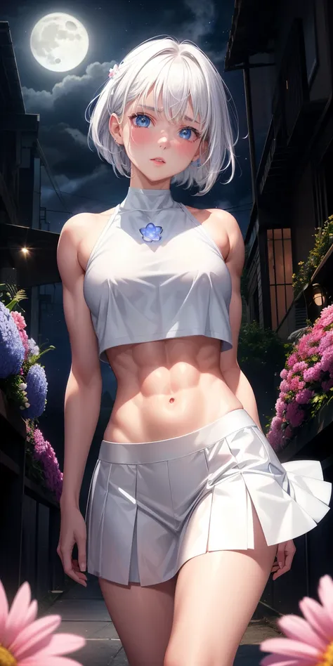 actual, 1 girl, white hair, blue eyes, glowing eyes, crop top, skirt, open lips, blush, Gym, flowers, night, moonlight, abdominal muscles, muscle , biceps