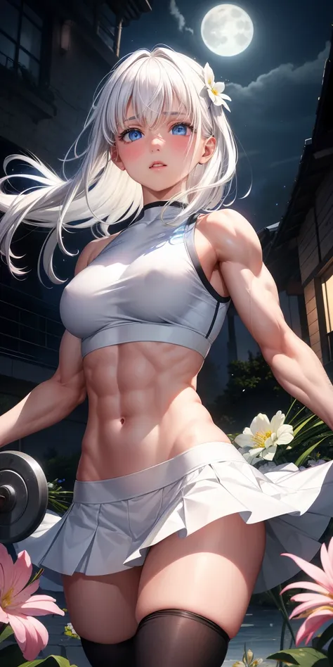 actual, 1 girl, white hair, blue eyes, glowing eyes, crop top, skirt, open lips, blush, Gym, flowers, night, moonlight, abdominal muscles, muscle , biceps