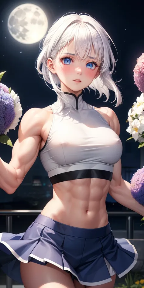 actual, 1 girl, white hair, blue eyes, glowing eyes, crop top, skirt, open lips, blush, Gym, flowers, night, moonlight, abdominal muscles, muscle , biceps