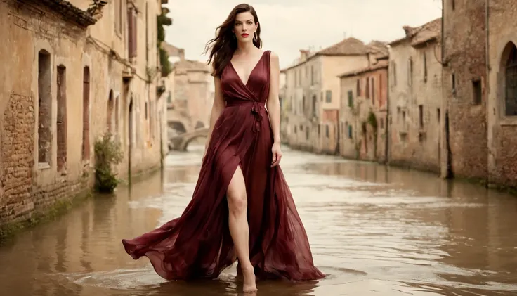 Beautiful girl "Liv Tyler", full body dress Vinho silk dress delicate and beautiful, em um cenario 2D、Geometric overlap mixing，In a world of fresh and natural flooding，It shows a picture of harmony and ethereal。Color smoothing，Ethereal painting style。