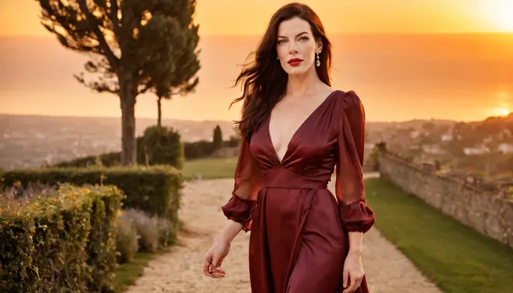 Beautiful girl "Liv Tyler", full body dress Vinho silk dress delicate and beautiful, em um cenario mediaval, em frente ao castelo, with a beautiful sunset in the background.