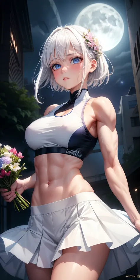 actual, 1 girl, white hair, blue eyes, glowing eyes, crop top, skirt, open lips, blush, Gym, flowers, night, moonlight, abdominal muscles, muscle , biceps