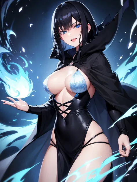 black hair　blue eyes　blue flame　dark dark　cool　tooth　double teeth　wild　Beauty　Lumbar cloak