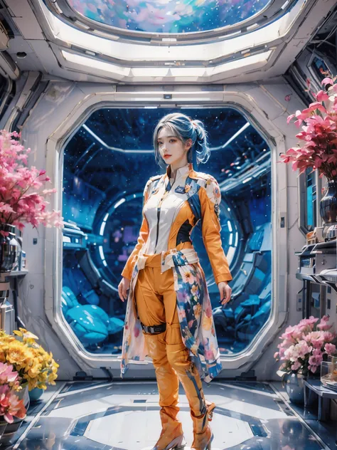 Full-length portrait of a 24-year-old female starship captain，In a futuristic sci-fi scenario，Highlighting her full body image and starship interior。she stands confidently，Captain dressed in futuristic sci-fi style，It is both fashionable and marks her clas...