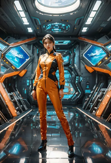 A full-body portrait of a 24-year-old female starship captain in a futuristic sci-fi setting, emphasizing her entire figure and the starship interior. She stands confidently in her sleek, modern captains uniform, which is both stylish and indicative of her...