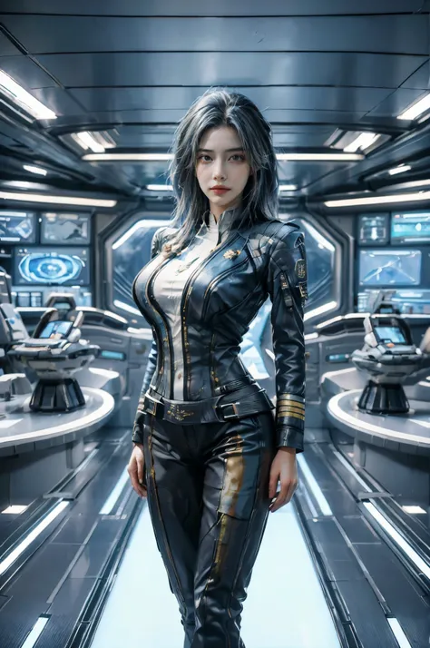 Full-length portrait of a 24-year-old female starship captain，In a futuristic sci-fi scenario，Highlighting her full body image and starship interior。she stands confidently，Captain dressed in futuristic sci-fi style，It is both fashionable and marks her clas...