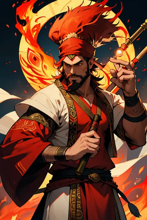 male shaman, strong, with RED full beard RED, with a fire aura energy, wearing a bamboo hat, with a fire RED peacock RED as a pet using a staff as an weapon, with clothes, WHIT A SHIRT PLEASE
