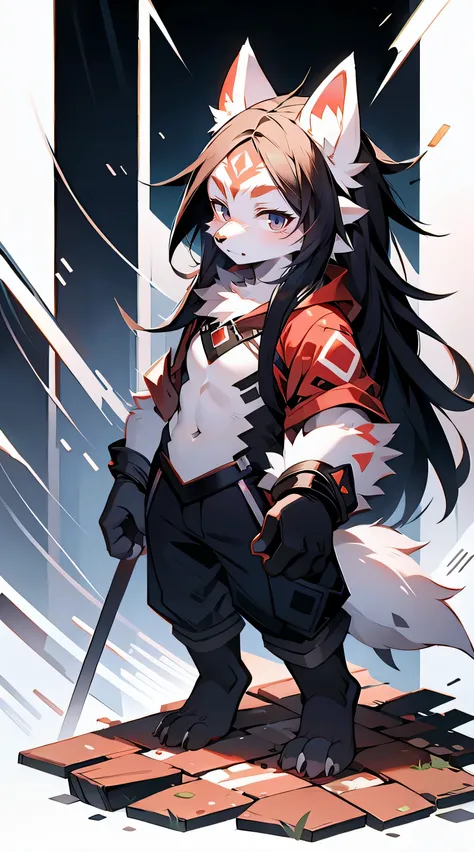 white wolf purple eyes, , long black hair, end, The chest is slightly raised，red and black costume，with smile，Two small ears，White skin，Stand alone