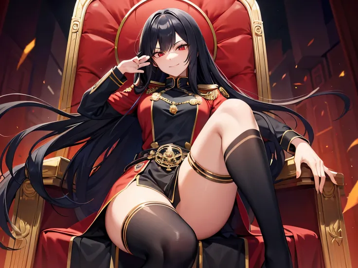 black hair　red eye　villain　smile　thighs　uniform　throne　long hair　