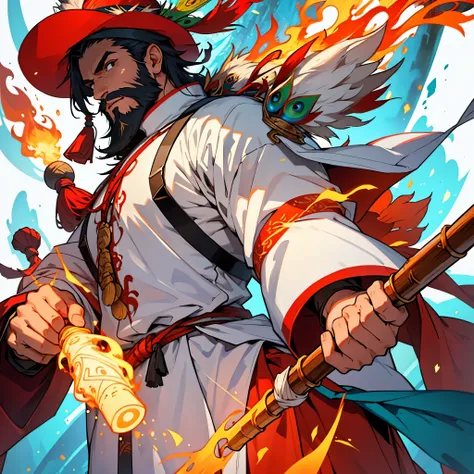 male shaman, strong, with white full beard white with a fire aura energy, wearing a bamboo hat, with a fire red peacock white  as a pet using a staff as an weapon, with clothes, whit a shirt