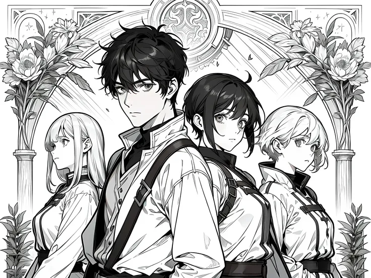 1 young man (adventurer), wearing Grimgar of Fantasy and Ash adventurer outfit style, bring sword on his back, face to detail, black eyes, detailed eyes, black hair, short hair, there is 4 adventurer girls behind him, the background is forest, monochrome (...