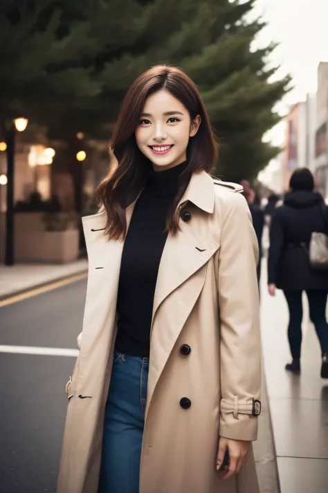 The face is a hostess、trench coat、high quality、surreal、healthy、smile、Perfect slender figure、Japanese beauty ace perfect、beautiful skin、Upper body、Christmas tree、street