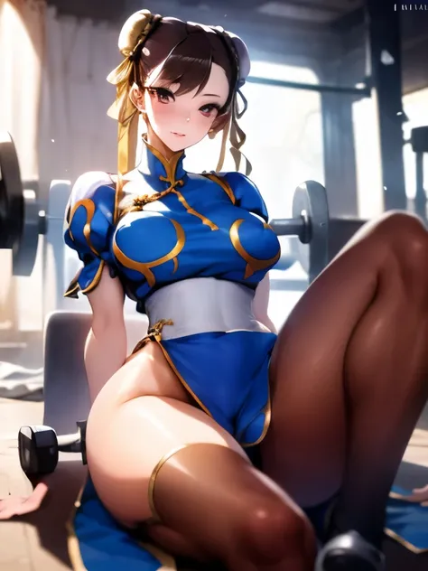 (masterpiece, best quality:1.4), 1girl, solo, chun li, skintight, long hair, 2 ponytails, bare shoulders, looking at viewer, beautiful smile, beautiful face, highly detailed face, highly detailed eyes, subsurface scattering, realistic pupils, full face blu...