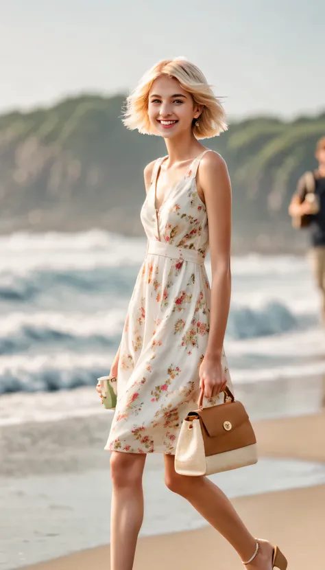 F/4.0, Sony FE General Manager, ultra high definition, high resolution, high detail, high quality, A young blonde short haired girl is walk on the beach, (22 years old) smiling, (she is wearing a white Floral dress), (She is holding a small handbag: 1.5) a...