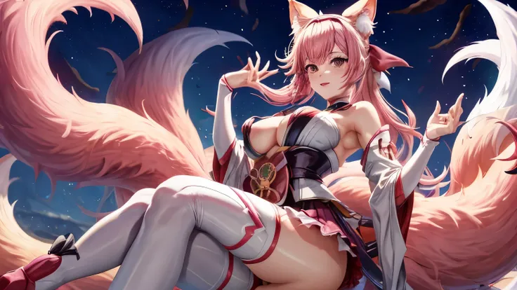 ah4, pink hair, facial mark, multiple tails, fox tail, japanese clothes, bare shoulders, white thighhighs, hair ribbon, large breasts