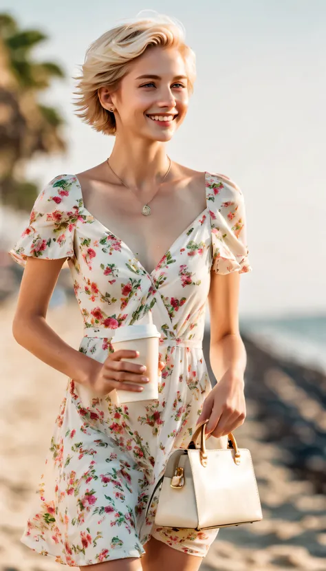 F/4.0, Sony FE General Manager, ultra high definition, high resolution, high detail, high quality, A young blonde short haired girl is walk on the beach, (22 years old) smiling, (she is wearing a white Floral dress), (She is holding a small handbag: 1.5) a...