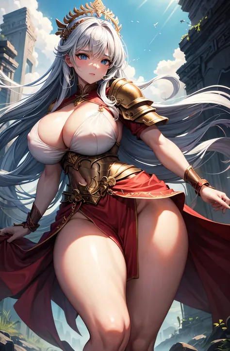 Goddess Of warriors. Wide hips, thick thighs, Bursting breasts, huge boobs, heavy breast, wet white silk, areola. nipple, big ass, abdomen muscle, breastplate, wearing a small amount of armor, red cloth