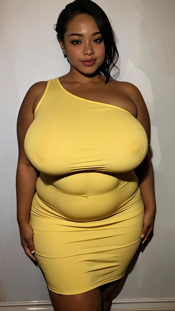 A woman wearing a yellow one-shoulder dress posing for a photo,erotic smile、 thick, (Super Strong Super Huge gigantic breasts、Insanely bulging:1.5)、Thick serving、rubenesque, curved hourglass illustration, Curvaceous, Curvaceous, thick body, (skinny waist a...