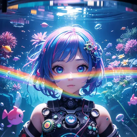 best quality, 32k, RAW photo, incredibly absurdres, extremely detailed, AI partner, round aquarium filled with water, a cute chibi girl swimming in it, iridescent bubble, wall full of gears and electronic components that emit rainbow colors, rainbow colors...