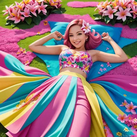 full body photo ,Masterpiece: 1.2, best quality, 1girl, field of plumeria, vibrant, (happy:1.4),colorful details,ultra detailed,detailed lighting,((inspired by Hayao Miyazaki)),official art, pink flowers, laying on flowers, big smile