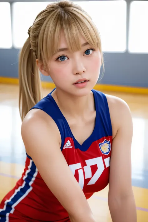 masterpiece, (highest quality:1.2), [:intricate details:0.2], girl, blonde　has blue eyes　Lady　Cute bangs　Short wavy side ponytail style　looking at the viewer　big breasts　He looks half Japanese and half Swedish.　big breasts　wearing a red and white volleybal...