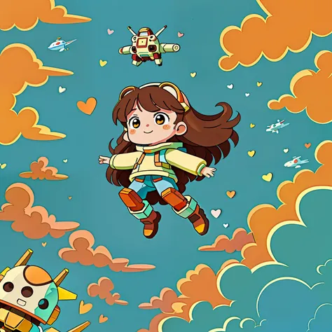 Girl with long brown hair，Put on the Gundam Robot Suit，Go up the stairs（towards the sky)（in the sea of clouds），（There is love）happy，Surrounded by love，Surrounded by love，O sign，vector，line art，design，inspiration，straight line，RHAD