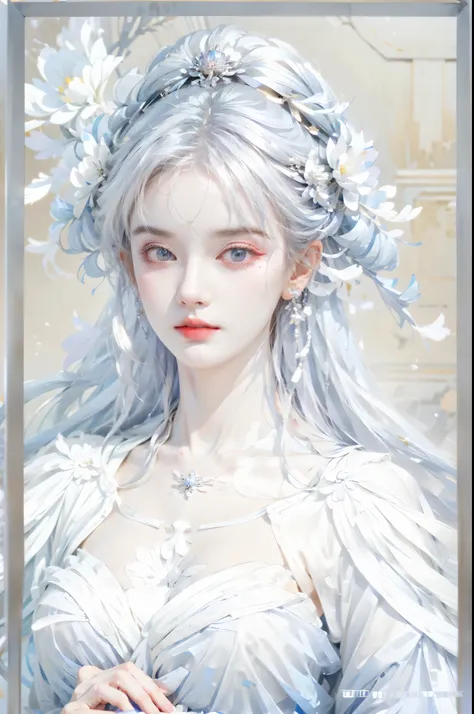 anime girl with white hair, blue clothes and white flowers, white-haired god, ((beautiful fantasy queen)), detail of long white ...