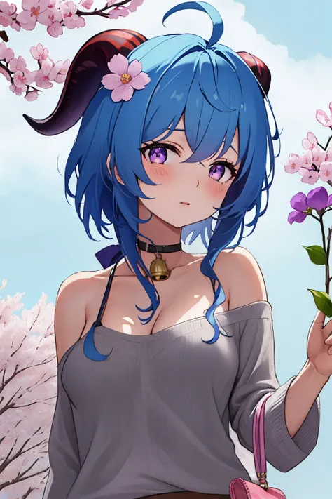 blue_hair, long_hair, bangs, horns, purple_eyes, ahoge, breasts, blush, goat_horns, sidelocks, bell, upper_body, medium_breasts,...