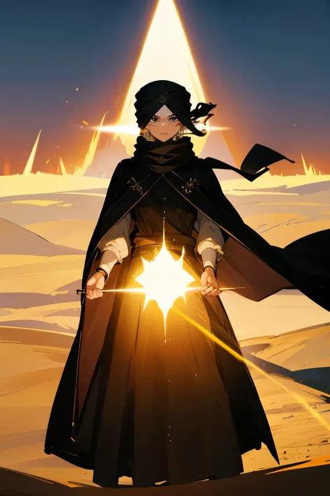 royal, turban, black cloak, glowing aura, desert background, 